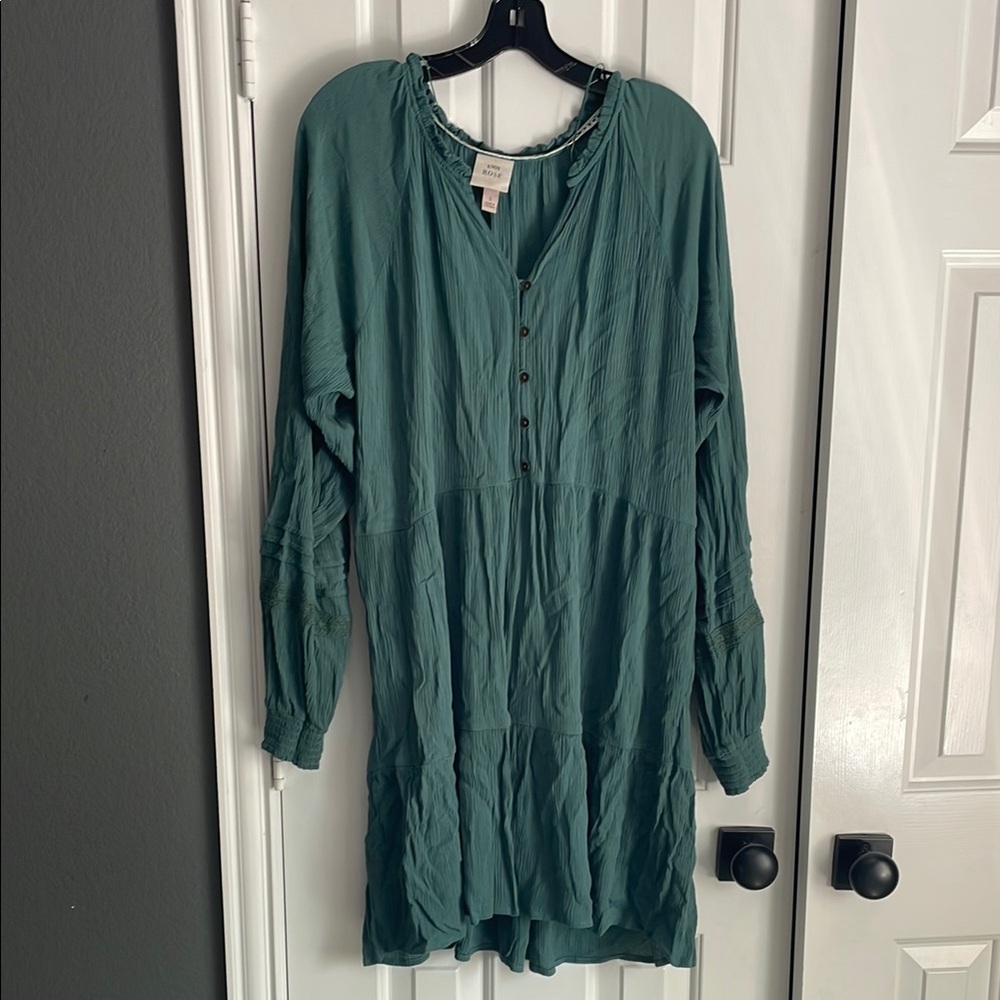 Knox Rose Green Mini Dress with Bishop Sleeves and Mandarin Collar